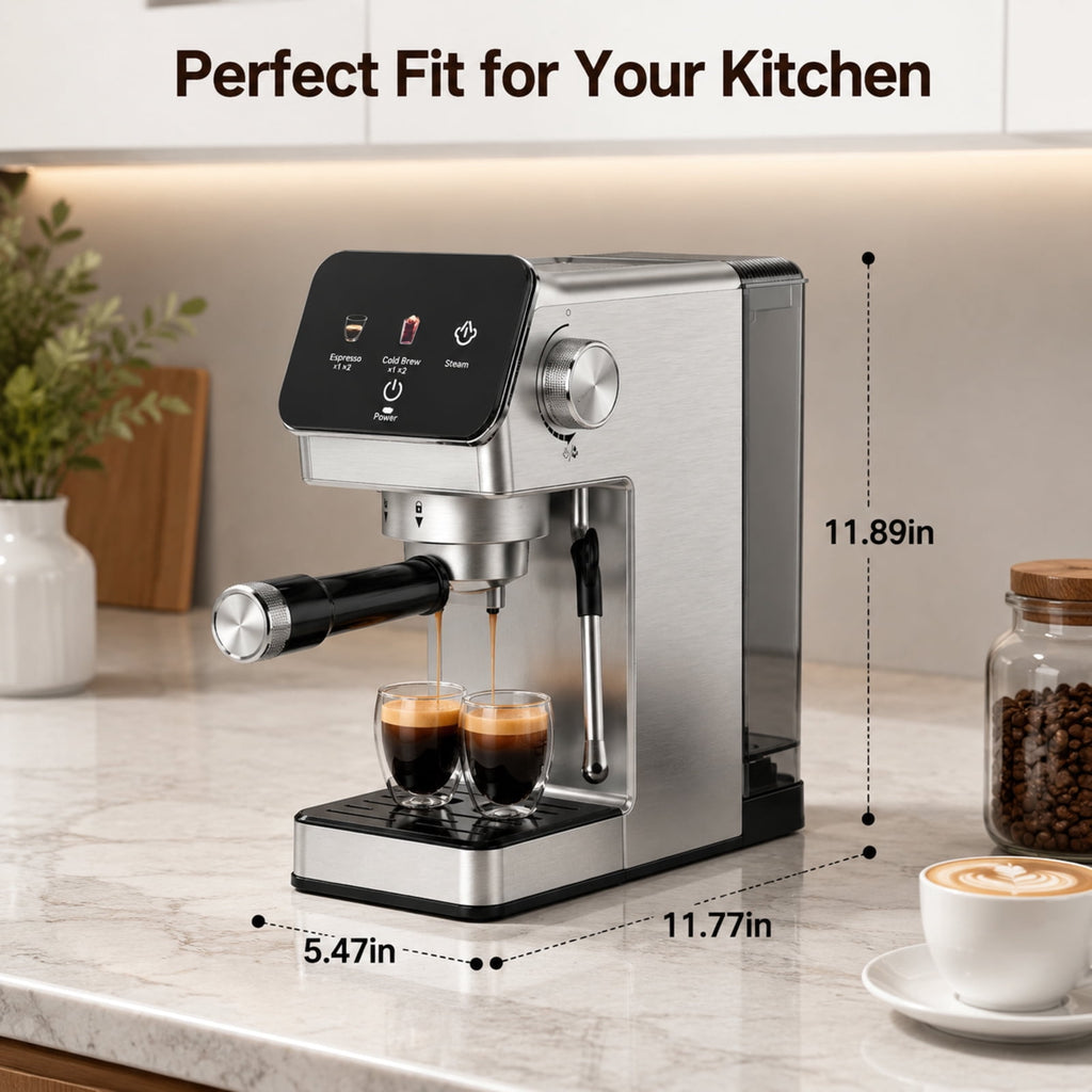 20-Bar Espresso Machine with Rapid Cold Brew, Stainless Steel Coffee Maker, 40oz Removable Water Tank for Cappuccino & Latte, Silver