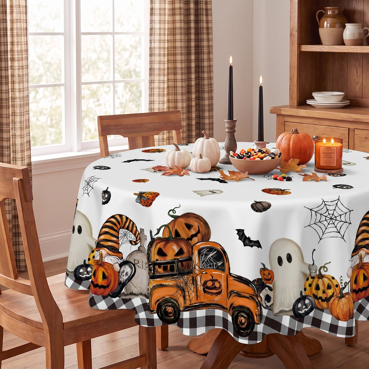 Sm:)e Truck Jack O Lantern Pumpkin Bat Buffalo Plaid Halloween Tablecloth 60 x 84 Inch, Wrinkle-Resistant Table Cover for Dining Decor, Rectangle