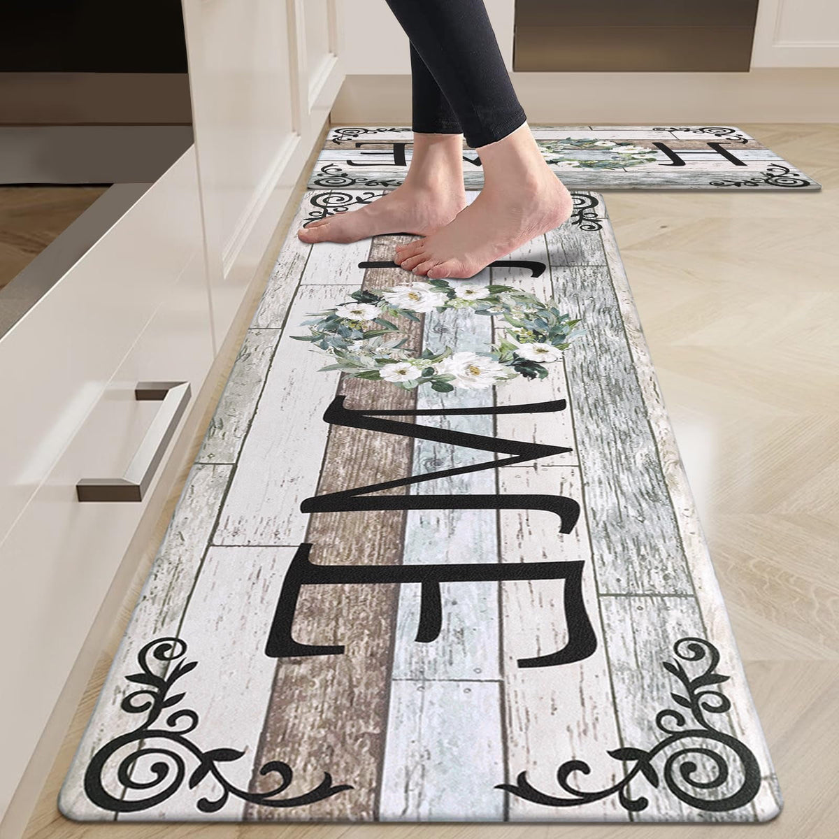 Findosom 2pcs Anti Fatigue Kitchen Rug Set,18"x30"+18"x47" Waterproof Non Slip Kitchen Runner Rug,0.4" Thick Cushioned Kitchen Floor Mats,Ergonomic Standing Mats Back Pain Relief Laundry Foam Rug