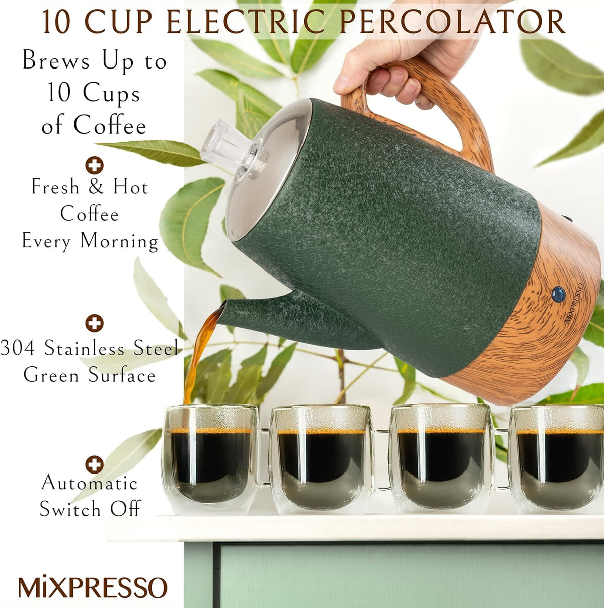 Mixpresso Percolator Coffee Pot Electric 10 Cup, Stainless Steel Coffee Maker, Coffee Percolator Electric With Keep Warm Function, 10 Cups Stainless Steel Perculator With Basket (Shiny Blue)