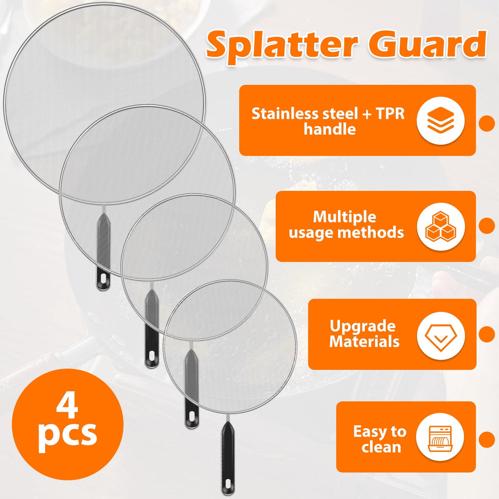 3 Piece Stainless Steel Fine Mesh Splatter Screen Set, 13", 11.4", 9.8" Splatter Screen for Frying Pan, Grease Splatter Guard with Heat-Resistant Handles