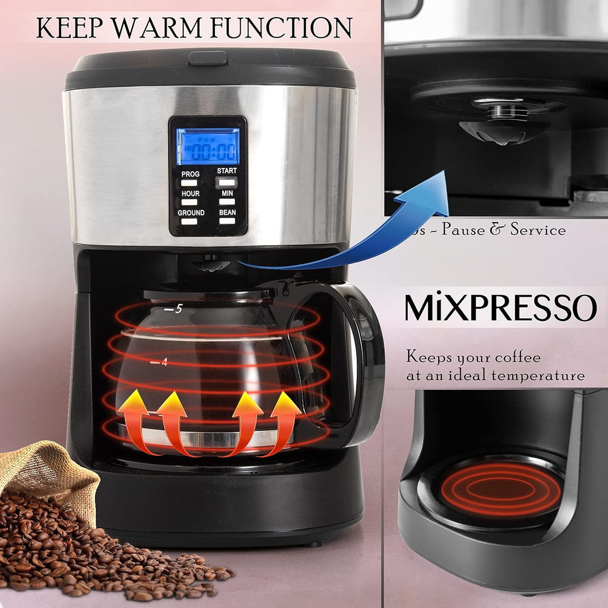 Mixpresso 12 Cup Coffee Pot, Auto-Off & Reusable Filter, Large Drip Coffee Maker 12 Cup Borosilicate Glass Carafe, Anti-Drip Coffee Machine Water Level Window, Black Electric Coffee Maker