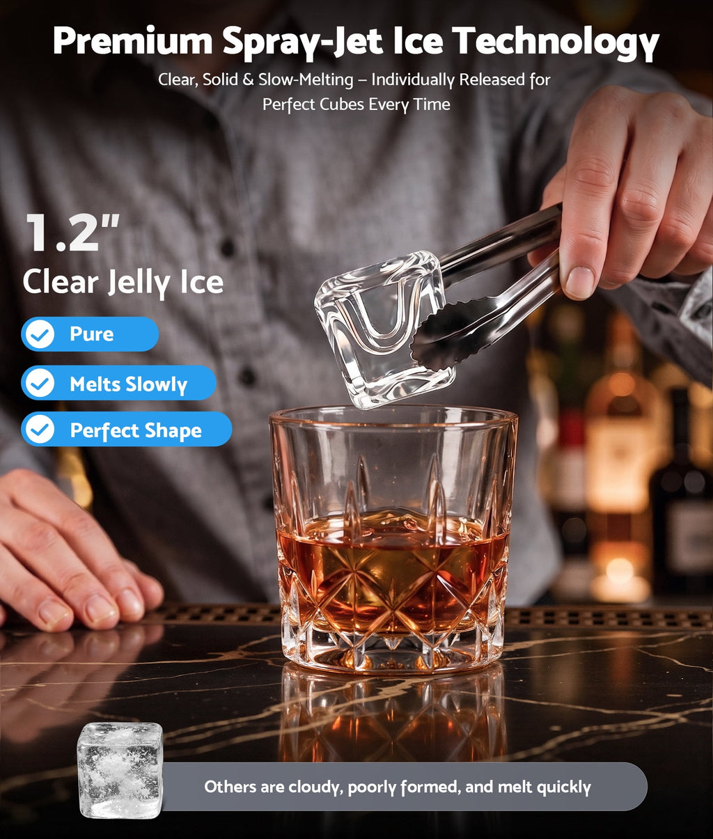 Flamemore Clear Countertop Ice Maker, 8 Crystal Clear 1.2" Large Craft Ice Cubes in 20 Mins, Portable Ice Machine with Self-Cleaning for Home Bar, Whiskey & Cocktails