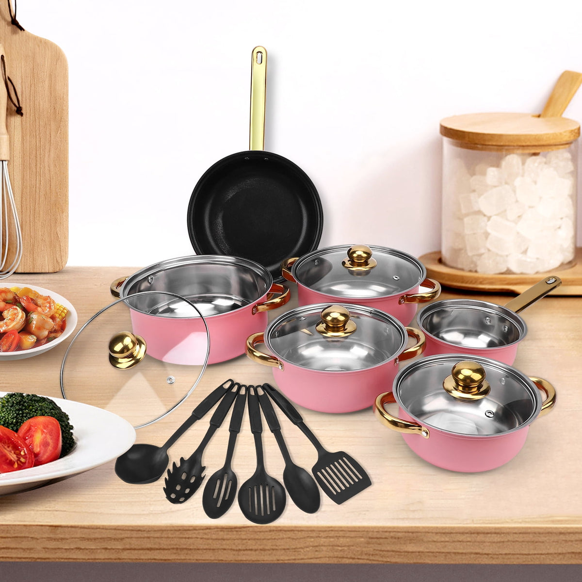 12 Piece Stainless Steel Cookware Set, Nonstick Cookware Set, Kitchen Pots and Pans Tea Kettle Set with Glass Lid for Cooking, Dishwasher, Pink
