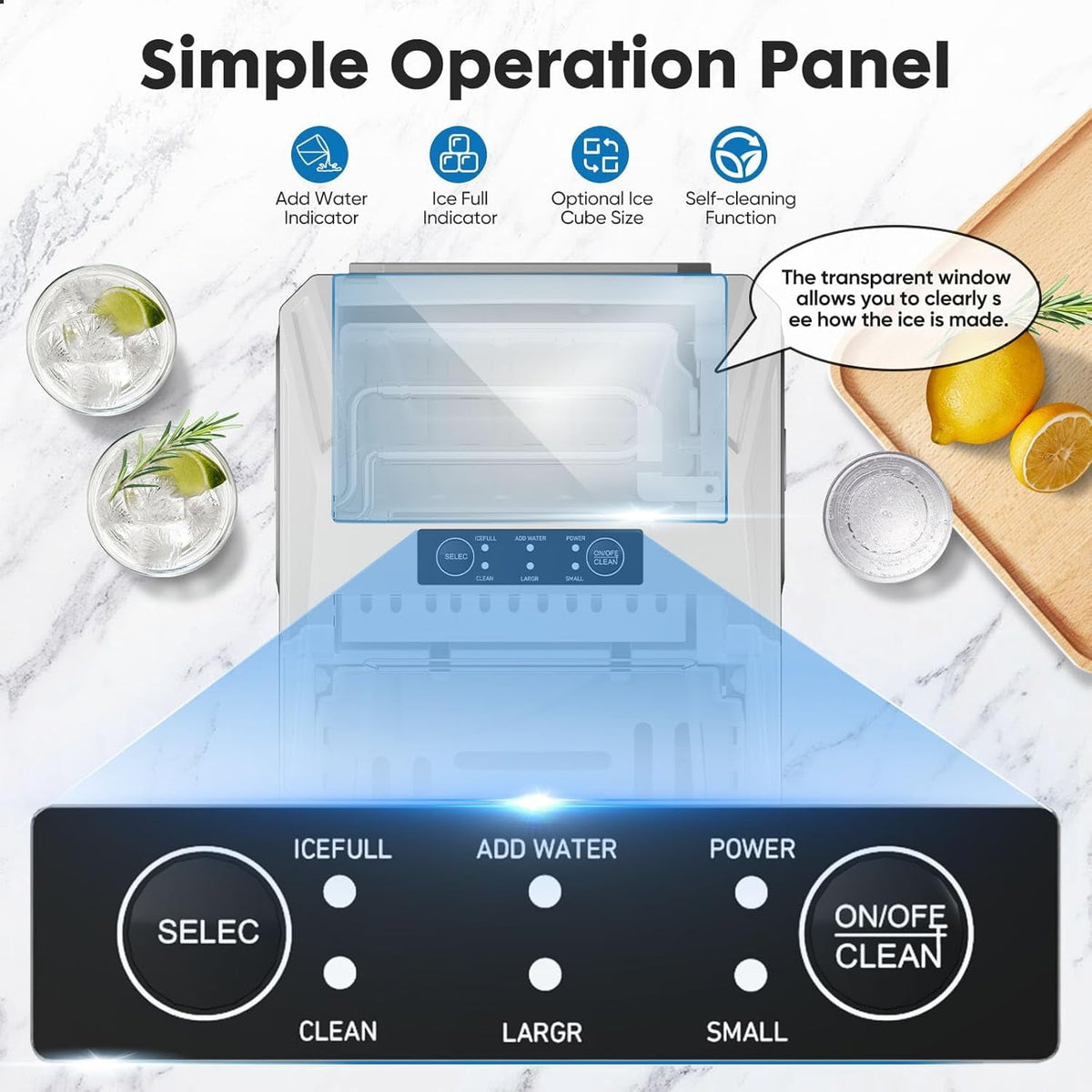 Simenmax Ice Maker Countertop – 26lbs Desktop ice maker with Handle for Home, Kitchen, Office, Outdoors, RV, Camping, White