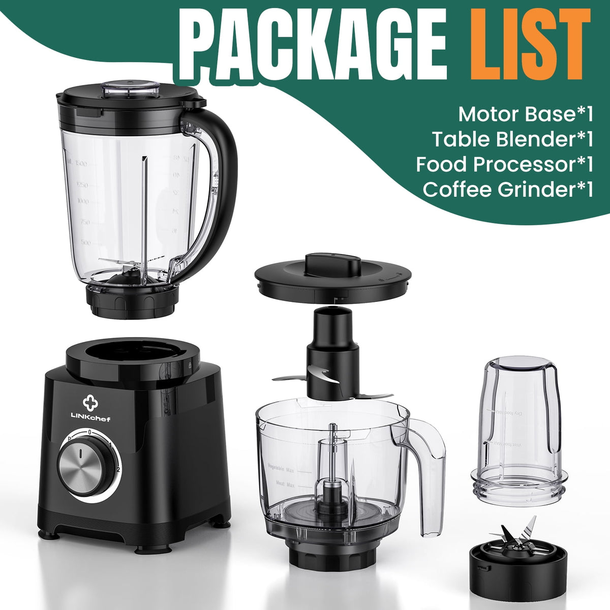 LINKChef Smoothie Blender 57oz Food Processor Combo with Powerful Chopper Grinder
