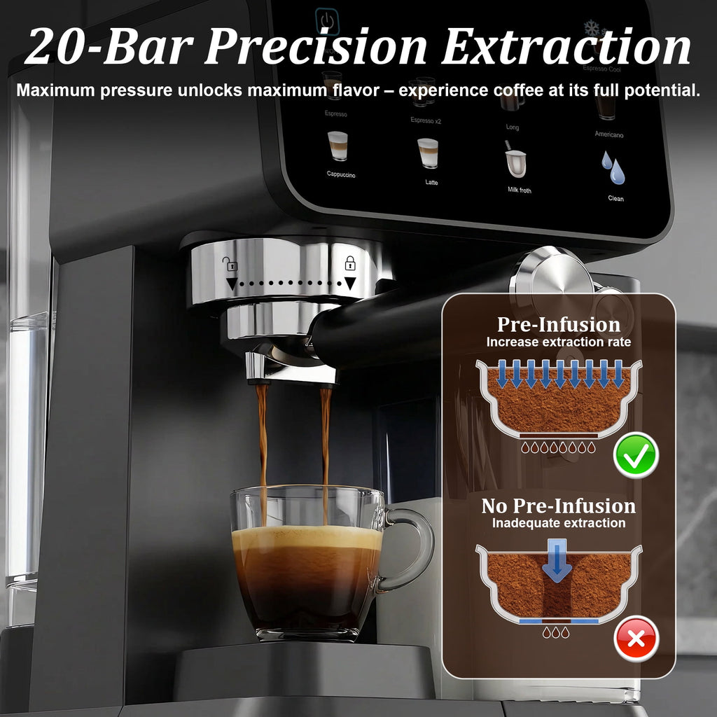 Espresso Machine with Built-In Milk Frother, 20-Bar Color Touchscreen Automatic Coffee Maker for Cold Brew Americano Cappuccino Latte, Perfect for Home Office Use, Black