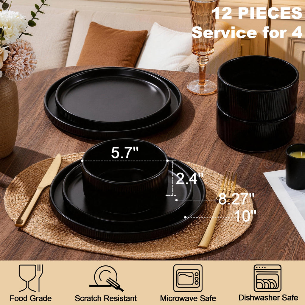 Vesteel 12 Pieces Dinnerware Set for 4, Premium Stoneware Ribbed Dishes, Chip & Scratch Resistant Plates and Bowls Set for Home Restaurant, Microwave and Dishwasher Safe - Speckled White