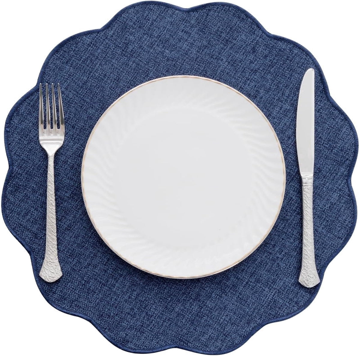 Ileading Scalloped Round Placemats Set of 6 Polyester Linen Blend Washable Non Slip Place Mats Easy Clean Heat Resistant Table Mats for Kitchen Dining Table Decor