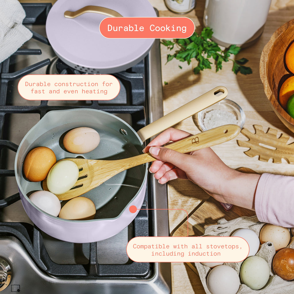 Beautiful 12-Piece Cookware Set, Pots and Pans with Strainer Lids and EverGood Ceramic Nonstick Coating, White Icing by Drew Barrymore