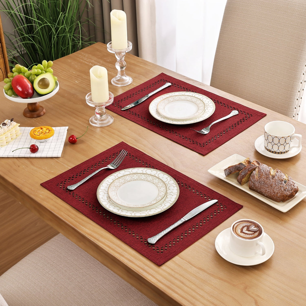 Placemats Set of 4, Yamaziot Double Layer Cloth Fabric Heat Resistant Place Mat, Washable Reversible Rectangle Dining Table Mats, Hollow Khaki, 12"x18"