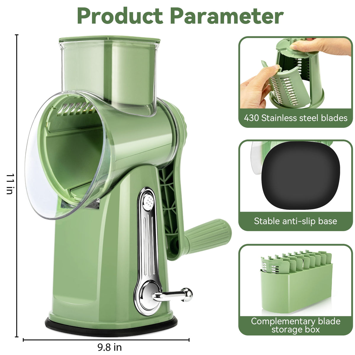 Pukomc Rotary Cheese Grater with Handle- 5 Blades, Suction Base, Mandoline Slicer & Veg Shredder with Blade Storage Box(Green)