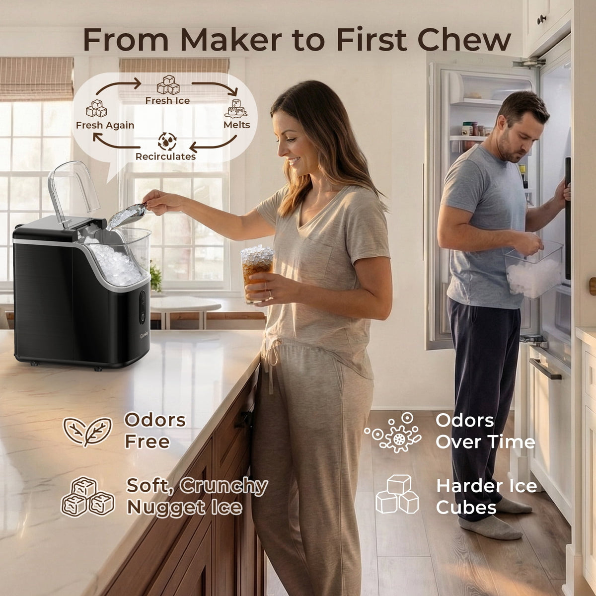 Goosiay Nugget Ice Maker Countertop, 33lbs Per Day Portable Ice Machine with Soft Chewable Pellet Ice, Stainless Steel, Black