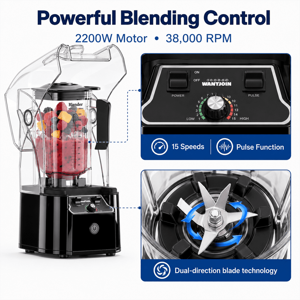WantJoin Blender-Commercial Blender with Soundproof Shield, Enclosure 2200W ,Quiet Professional-Grade Power,Self-Cleaning,Gray