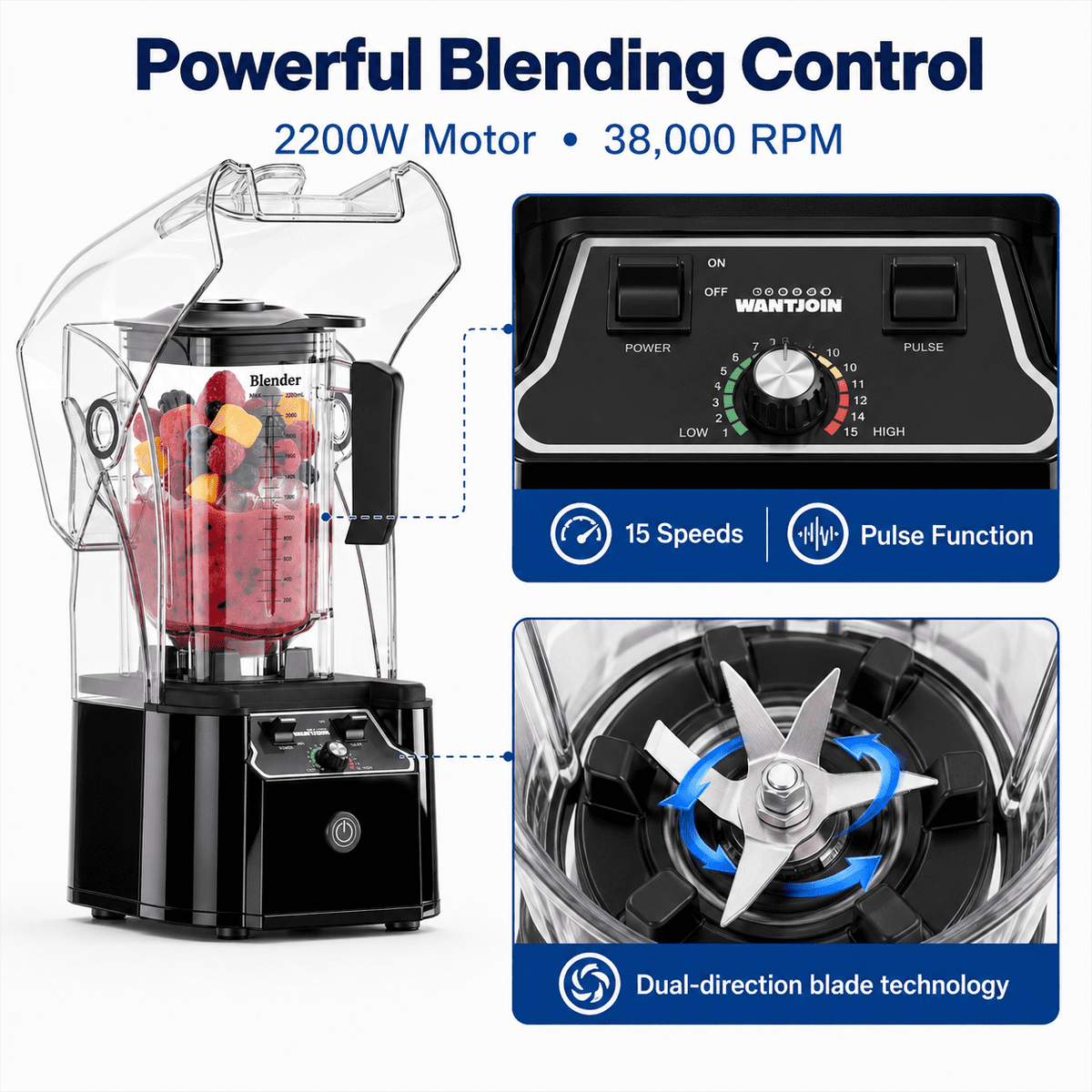 WantJoin Blender-Commercial Blender with Soundproof Shield, Enclosure 2200W ,Quiet Professional-Grade Power,Self-Cleaning,Gray
