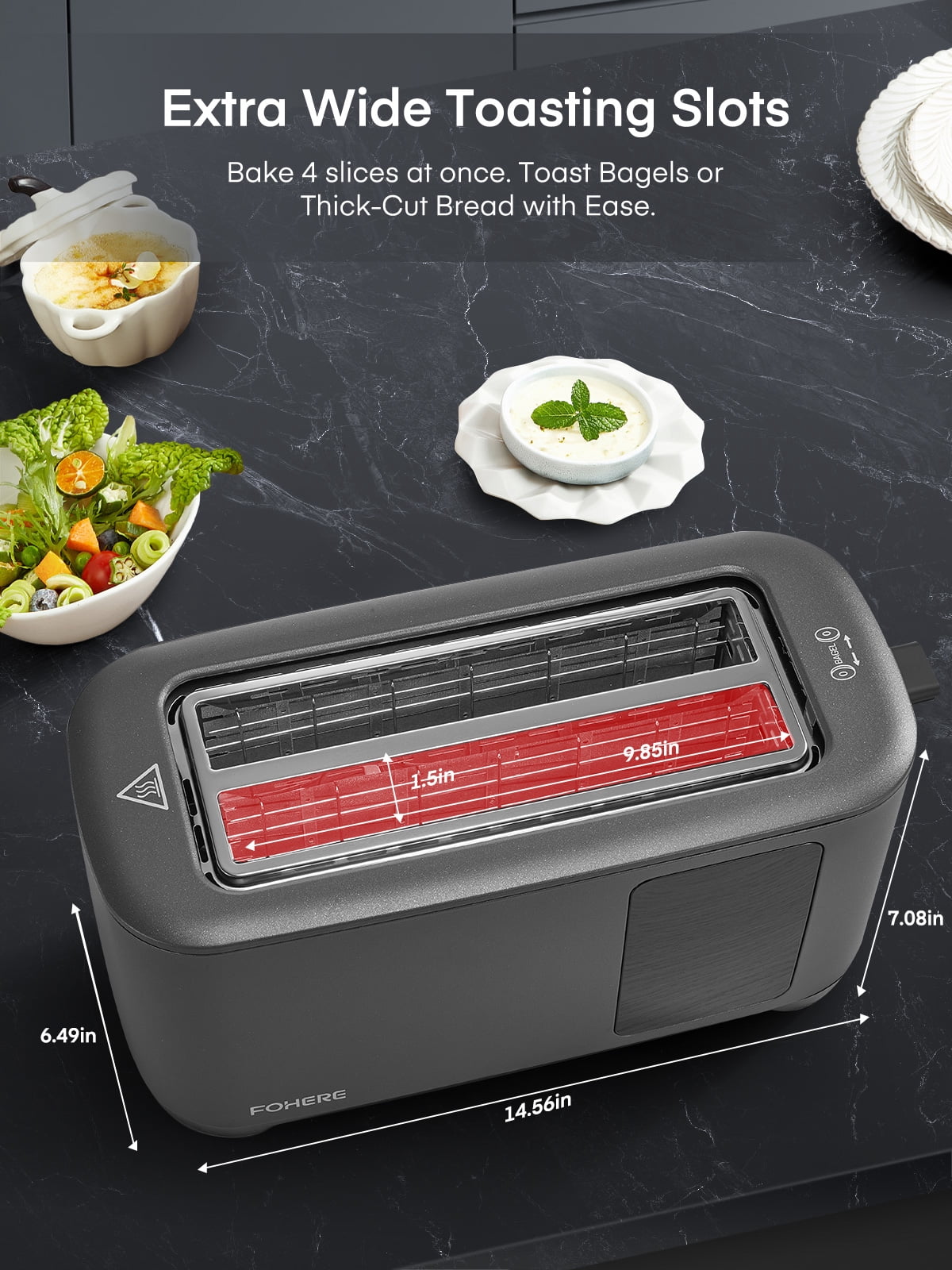4 Slice Toaster Touch Screen Control, FOHERE Long Extra Wide Slots, 6 Bread Types & Shade Settings