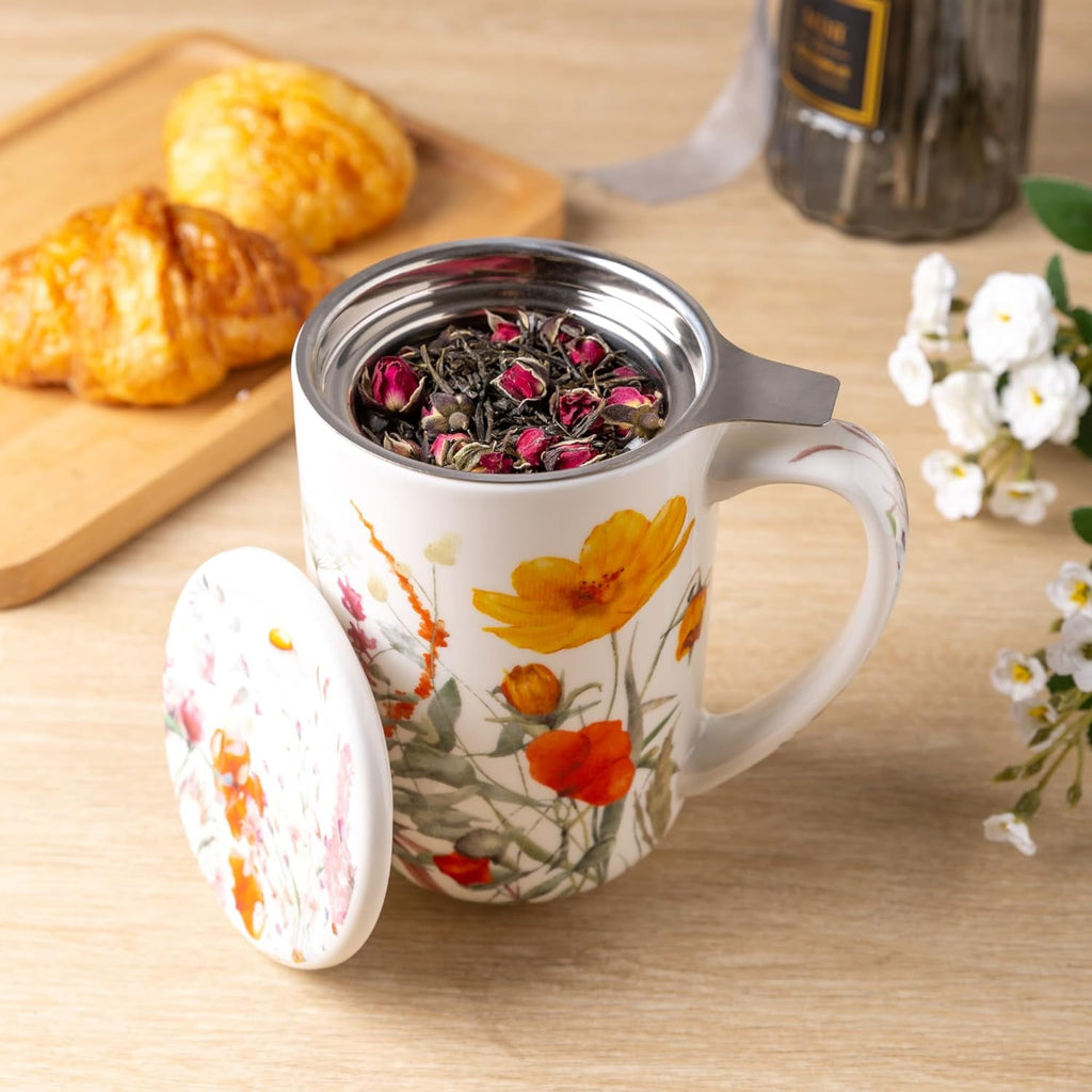 AmorArc Porcelain Tea Mug with Infuser and Lids, 18 Oz Cup Strainer Bag Holder for Loose Leaf Tea, Steeping Coffee Well-wrapped Box House-warming Wedding Birthday Gift, YelloRed