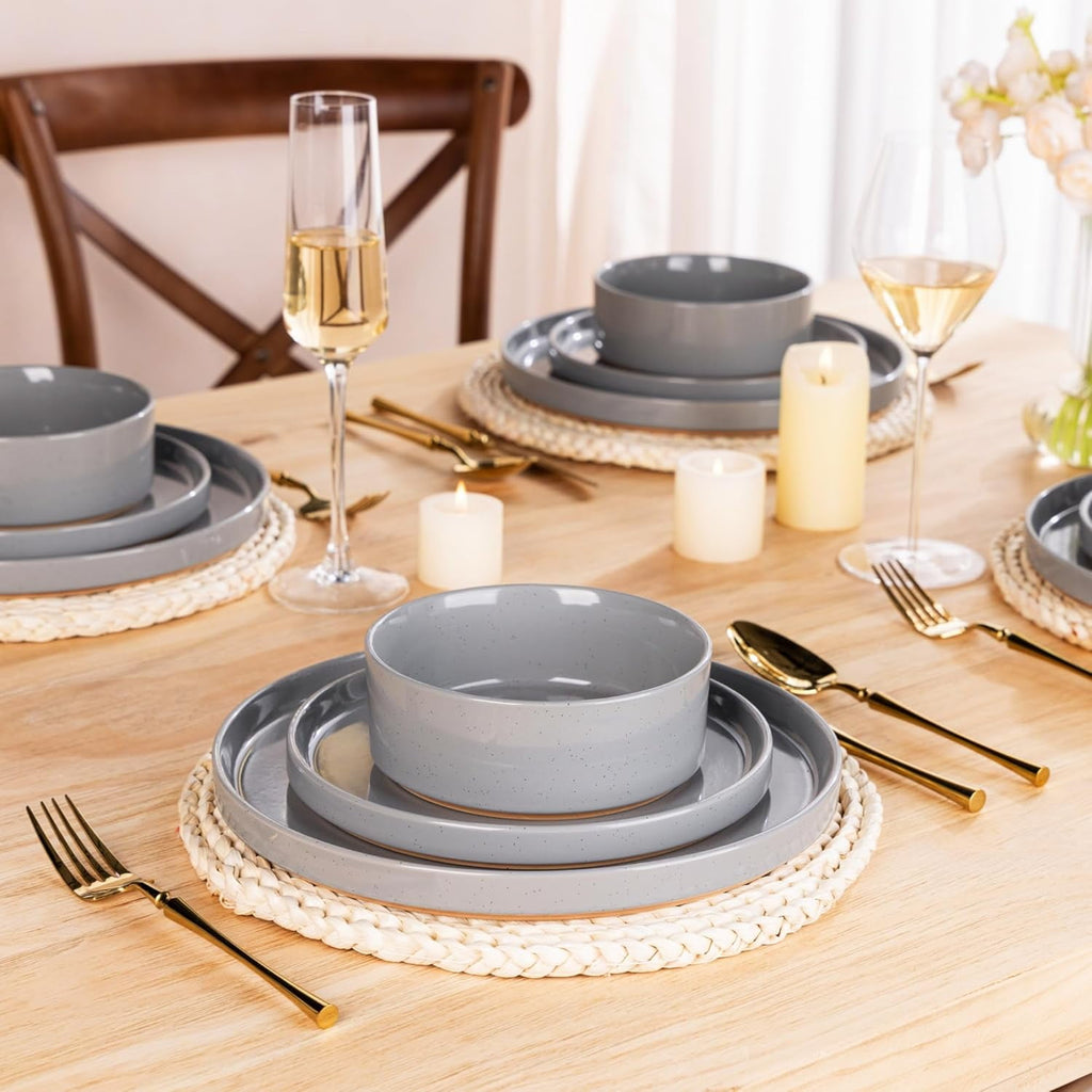 AmorArc Ceramic Dinnerware Set for 4 | Speckled Stoneware Plates and Bowls with unglazed terracotta | Scratch Resistant, Dishwasher & Microwave Safe Dishes Sets- 12-Pcs Pink