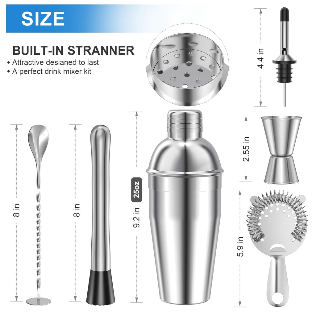 TINANA 6 PCS Cocktail Shaker Set, 25oz Shaker, Strainer, Muddler, Jigger, Mixing Spoon, Pour Spout, Stainless Steel Bartender Kit, Perfect for Home, Bar, or Gift