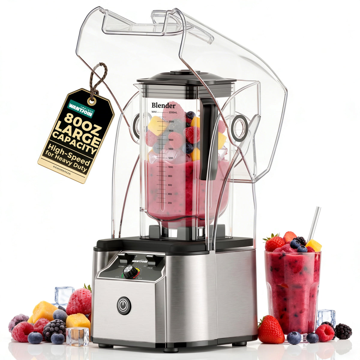 WantJoin Blender-Commercial Blender with Soundproof Shield, Enclosure 2200W ,Quiet Professional-Grade Power,Self-Cleaning,Gray