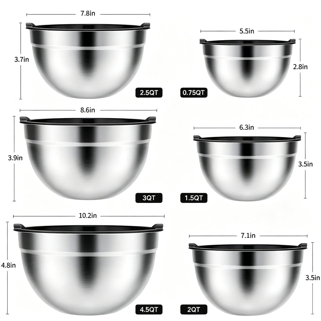 Stainless Steel Mixing Bowls Set, TINANA 6 Pack Mixing Bowls with Lids, Metal Nesting Storage Bowls for Kitchen, 4.5/3/2.5/2/1.5/0.75QT, Great for Prep, Baking, Serving, Multicolor