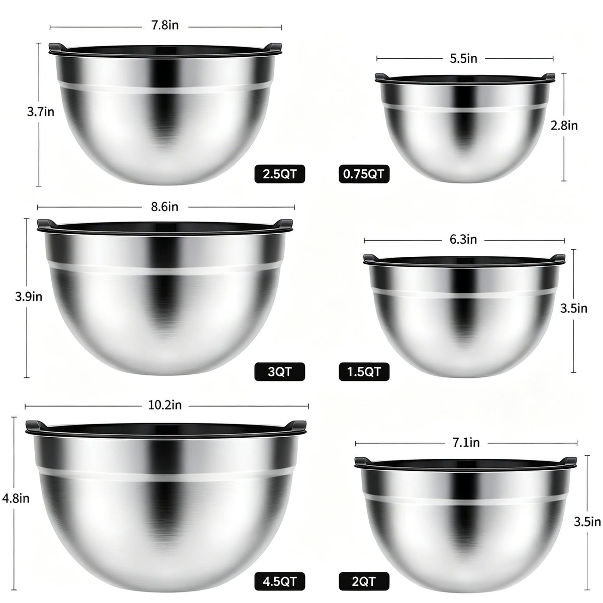 Stainless Steel Mixing Bowls Set, TINANA 6 Pack Mixing Bowls with Lids, Metal Nesting Storage Bowls for Kitchen, 4.5/3/2.5/2/1.5/0.75QT, Great for Prep, Baking, Serving, Multicolor