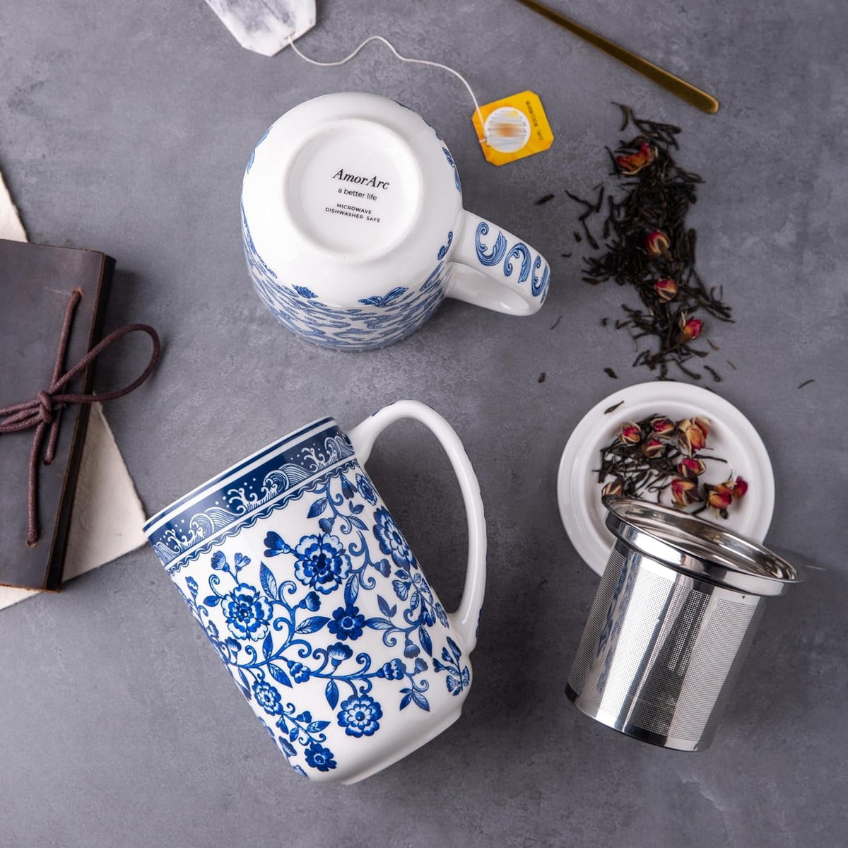 AmorArc Porcelain Tea Mug with Infuser and Lids, 18 Oz Cup Strainer Bag Holder for Loose Leaf Tea, Steeping Coffee Well-wrapped Box House-warming Wedding Birthday Gift, YelloRed