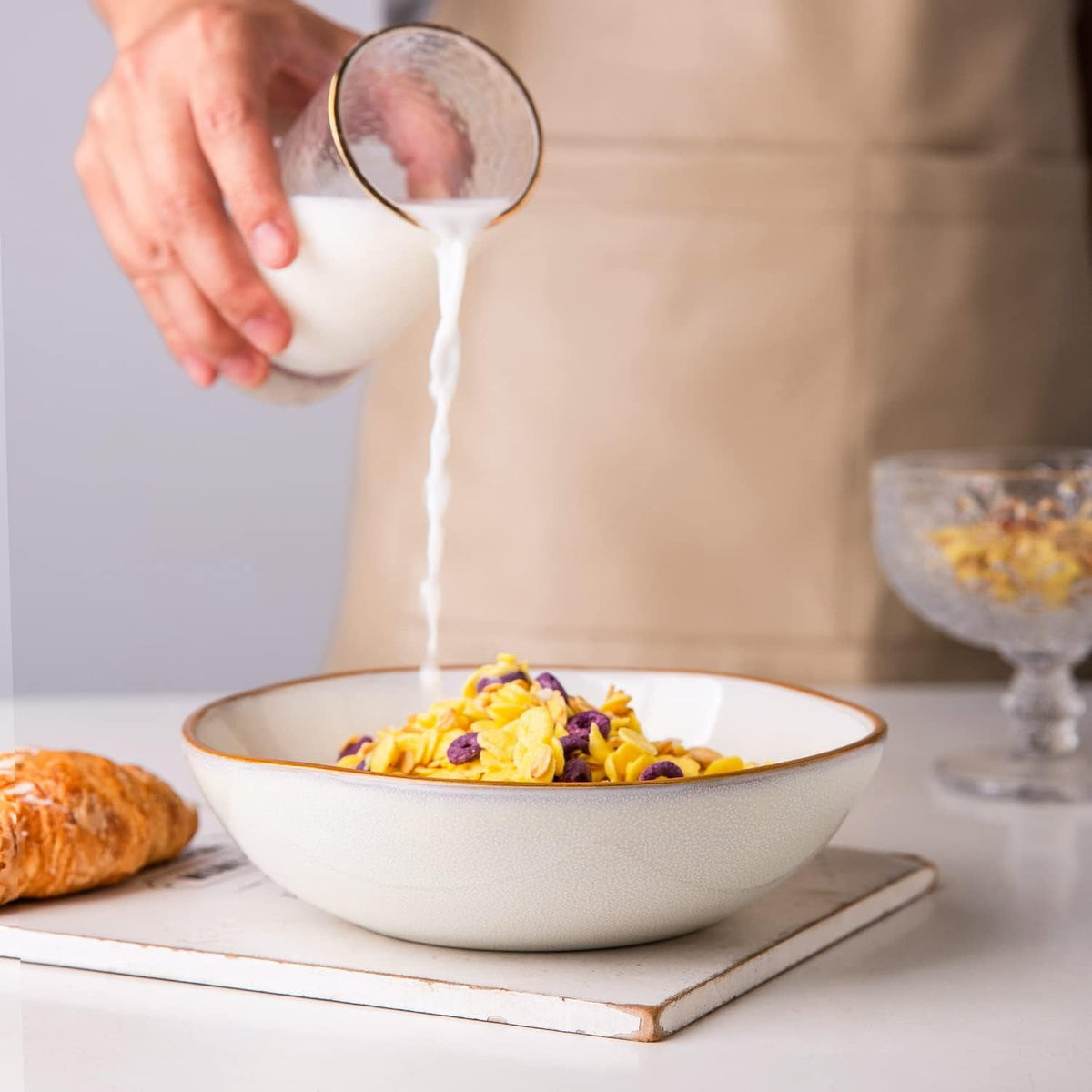 AmorArc Ceramic Cereal Bowls Set of 6, 24 oz Handmade Stoneware Bowls Set for Cereal Soup Salad, Stylish Kitchen bowls for Meal, Dishwasher & Microwave Safe, Reactive Glaze-Pearl White