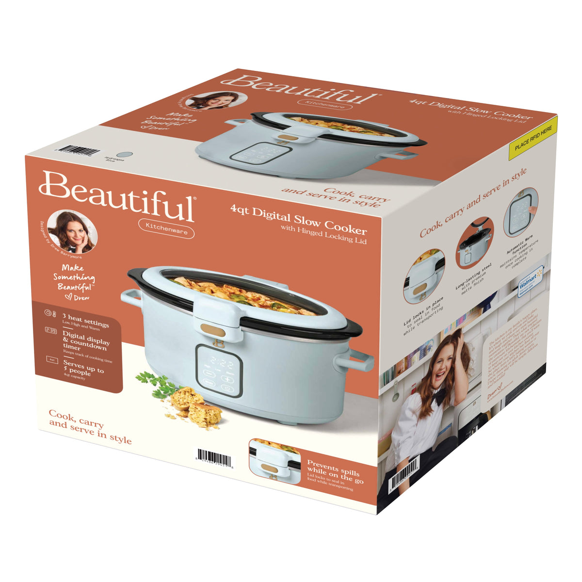 Beautiful 4 Qt Digital Slow Cooker with Hinged Locking Lid, Thyme Green by Drew Barrymore