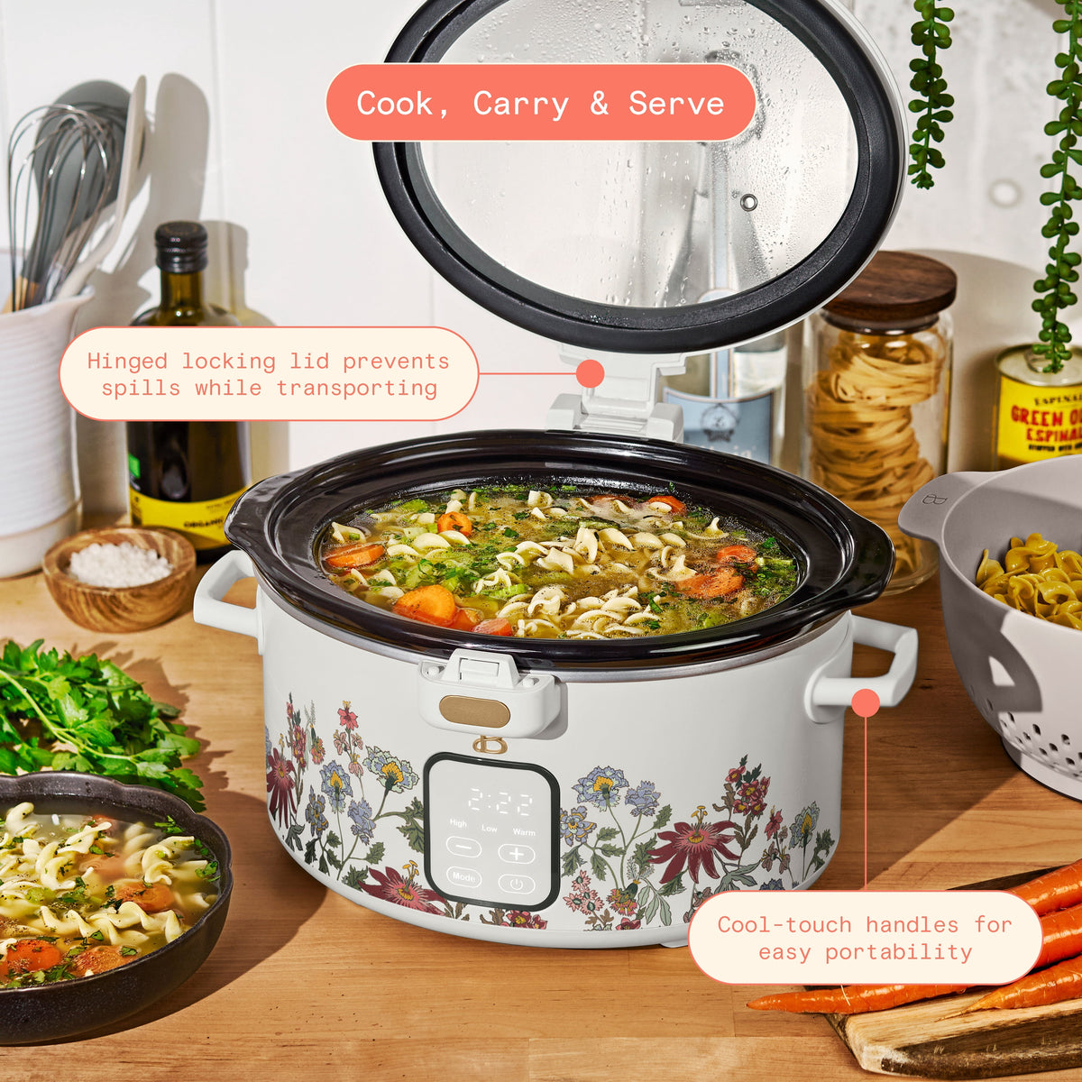 Beautiful 4 Qt Digital Slow Cooker with Hinged Locking Lid, Thyme Green by Drew Barrymore