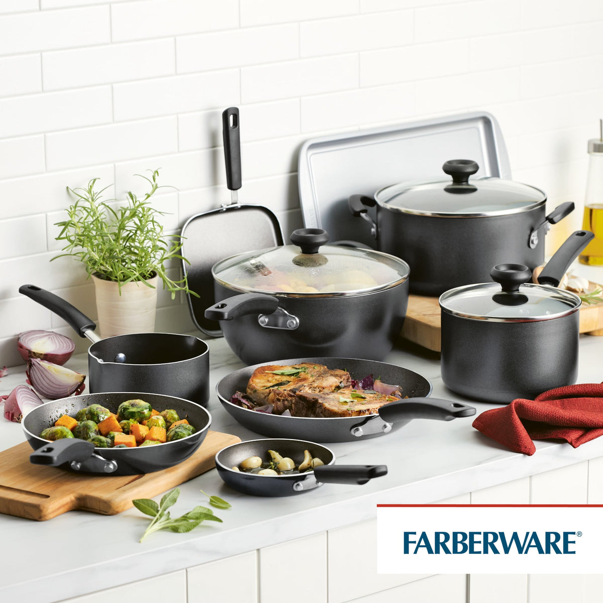 Farberware Easy Clean 20 Pcs Nonstick Cookware Set and Glass Lids with Cooking Tools and Food Storage Containers, Dishwasher Safe, Gray