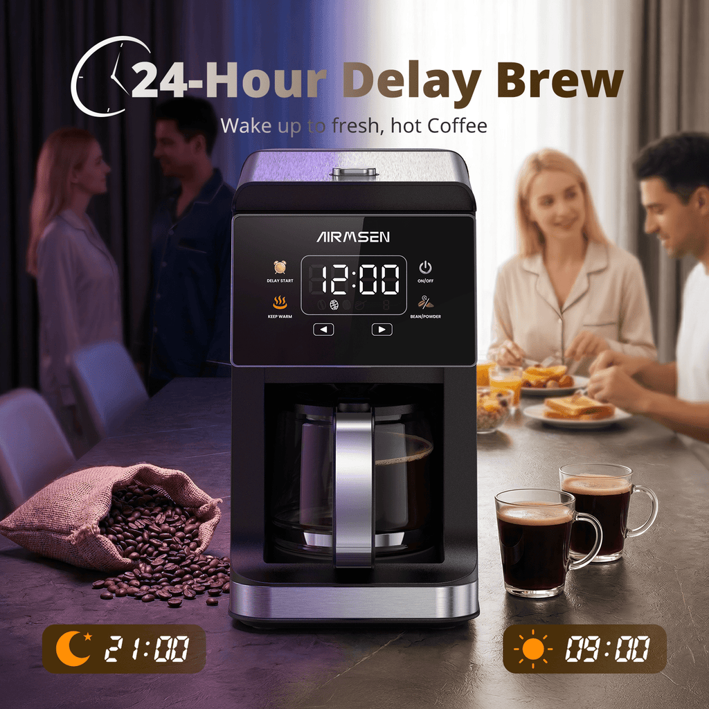 AIRMSEN 2 in 1 Coffee Maker with Grinder, 5-Cup Grind and Brew Coffee Pot, Programmable Coffee Machine, 3 Grind Settings, Up to 4-Hour Keep Warm & 24-Hour Delay Brew