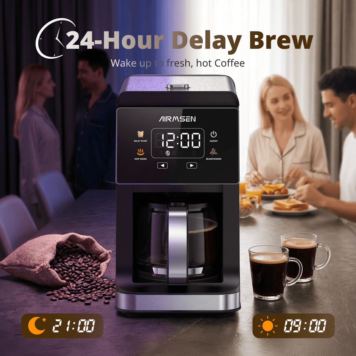 AIRMSEN 2 in 1 Coffee Maker with Grinder, 5-Cup Grind and Brew Coffee Pot, Programmable Coffee Machine, 3 Grind Settings, Up to 4-Hour Keep Warm & 24-Hour Delay Brew