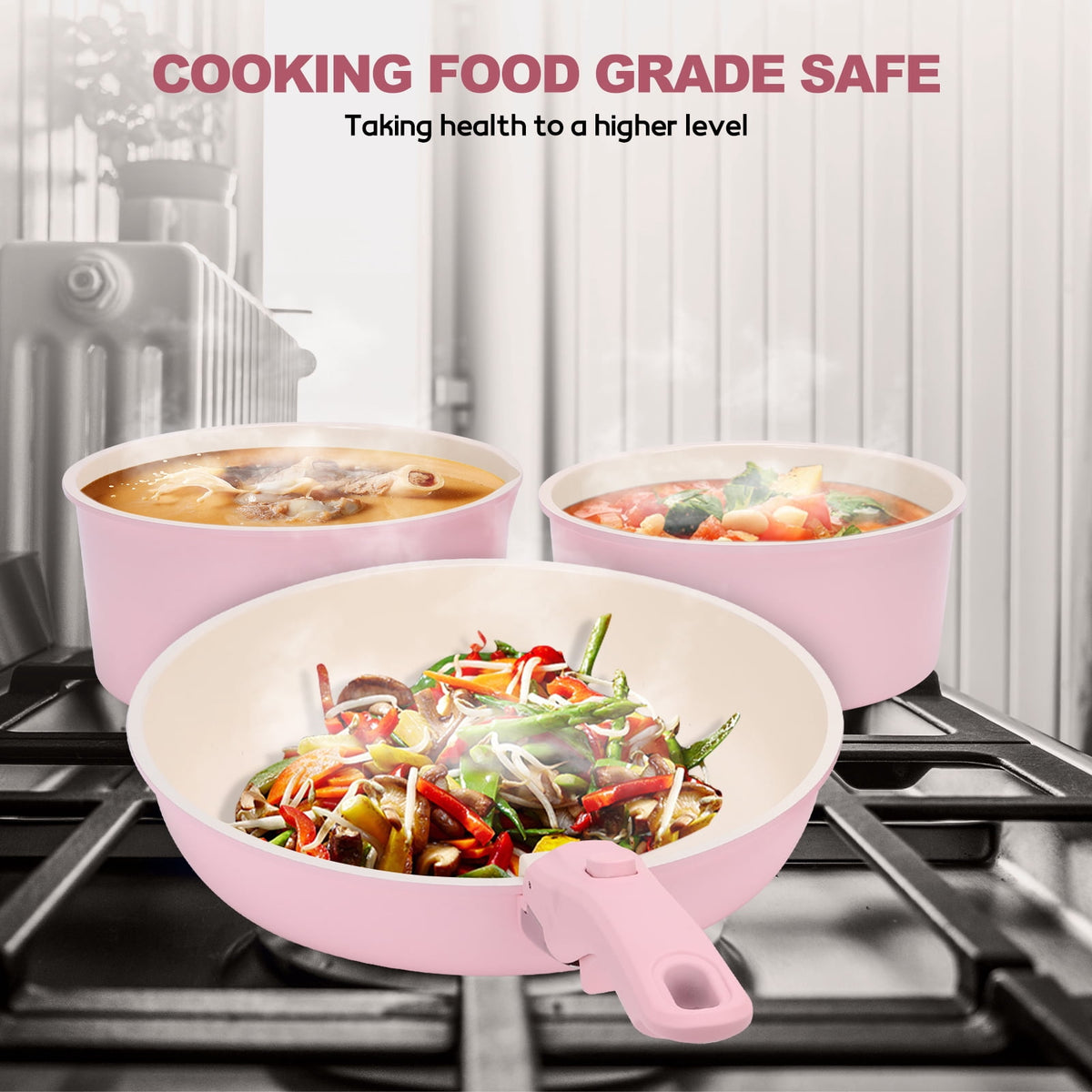 17 Piece Ceramic Pots and Pans Set Non Stick, Cookware Set with Detachable Handle, Oven Safe, Induction Ready, Stackable RV Kitchen Cooking Set Removable Handles, Cream White
