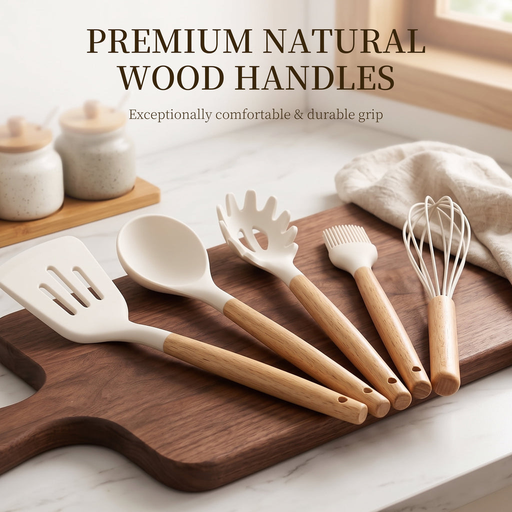 Silicone Cooking Utensils Set - Silicone Kitchen Utensils for Cooking Wooden Handles, 446°F Heat Resistant Kitchen Utensil Spatula Sets w Holder, Gadgets for Non-Stick Cookware BPA FREE (Black)