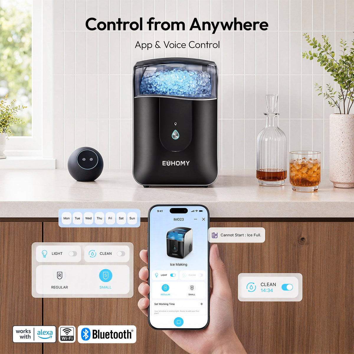 EUHOMY Countertop Nugget Ice Maker, 40 lbs/24H, Self-Cleaning, Smart App, Chewable Ice, Black