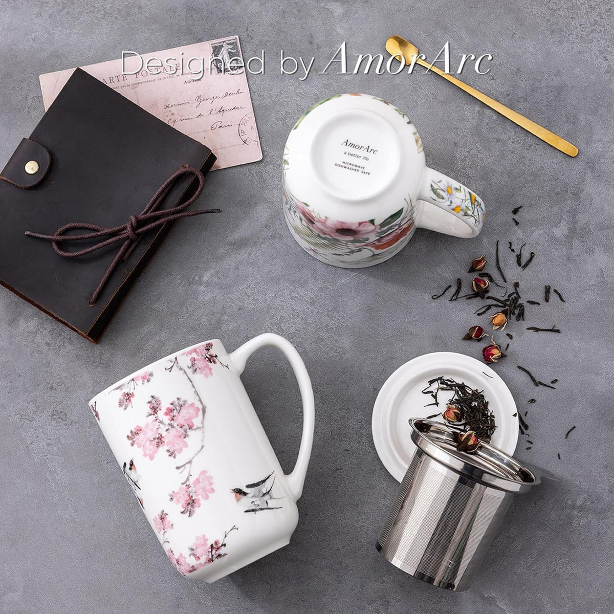 AmorArc Porcelain Tea Mug with Infuser and Lids, 18 Oz Cup Strainer Bag Holder for Loose Leaf Tea, Steeping Coffee Well-wrapped Box House-warming Wedding Birthday Gift, YelloRed