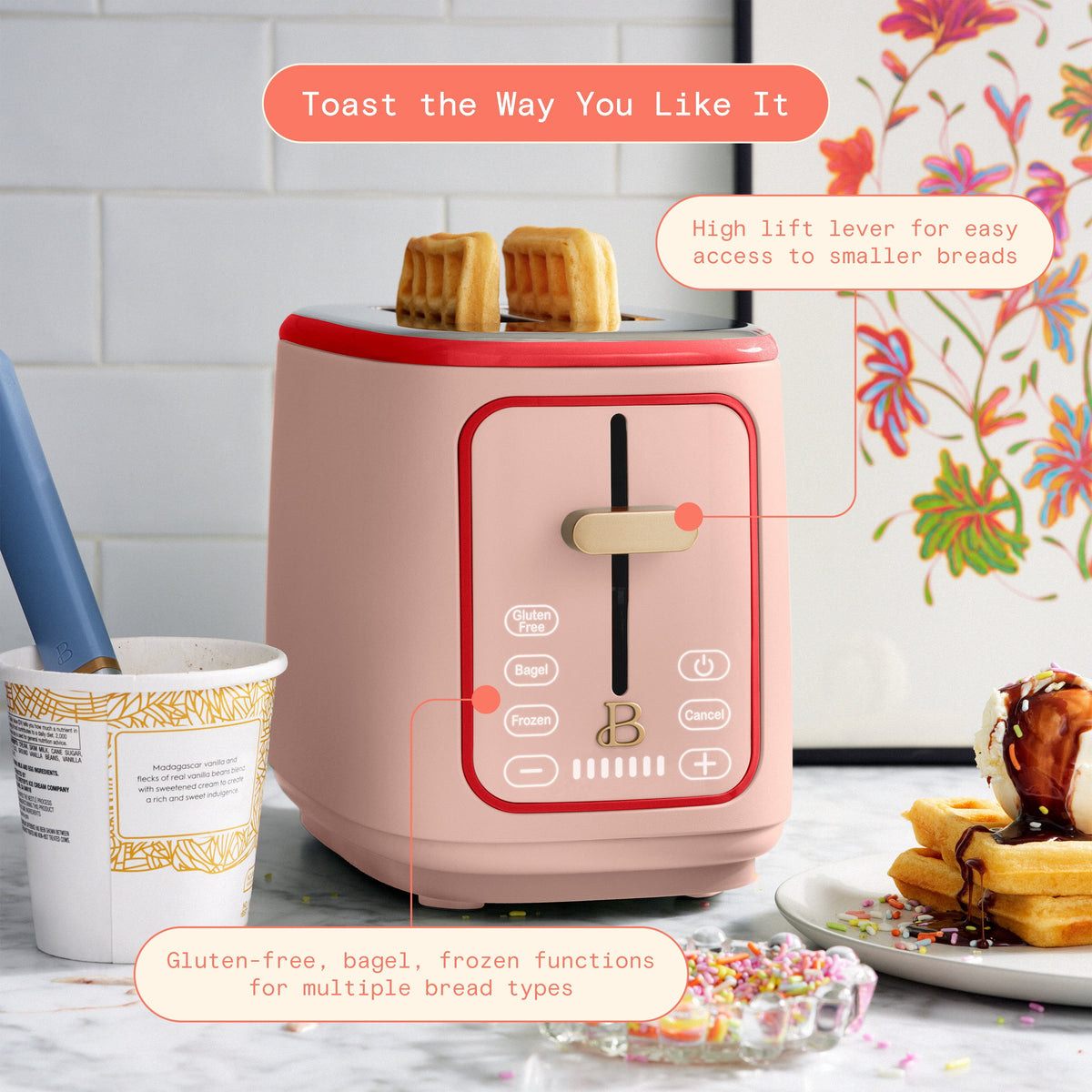 Beautiful 2 Slice Toaster with Touch-Activated Display, Thyme Green by Drew Barrymore