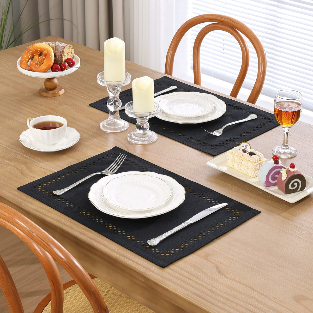 Placemats Set of 4, Yamaziot Double Layer Cloth Fabric Heat Resistant Place Mat, Washable Reversible Rectangle Dining Table Mats, Hollow Khaki, 12"x18"