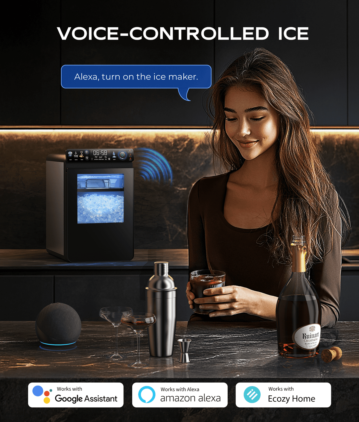 Ecozy Chillio Nugget Ice Maker Countertop with App Control, Smart Pebble Sonic Ice Machine, 44LBS/24H Soft Chewable Pellet Ice