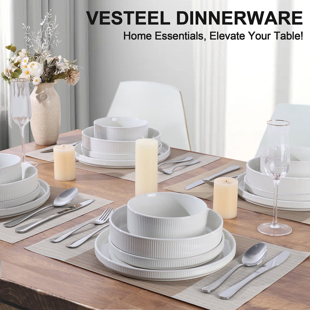 Vesteel 12 Pieces Dinnerware Set for 4, Premium Stoneware Ribbed Dishes, Chip & Scratch Resistant Plates and Bowls Set for Home Restaurant, Microwave and Dishwasher Safe - Speckled White