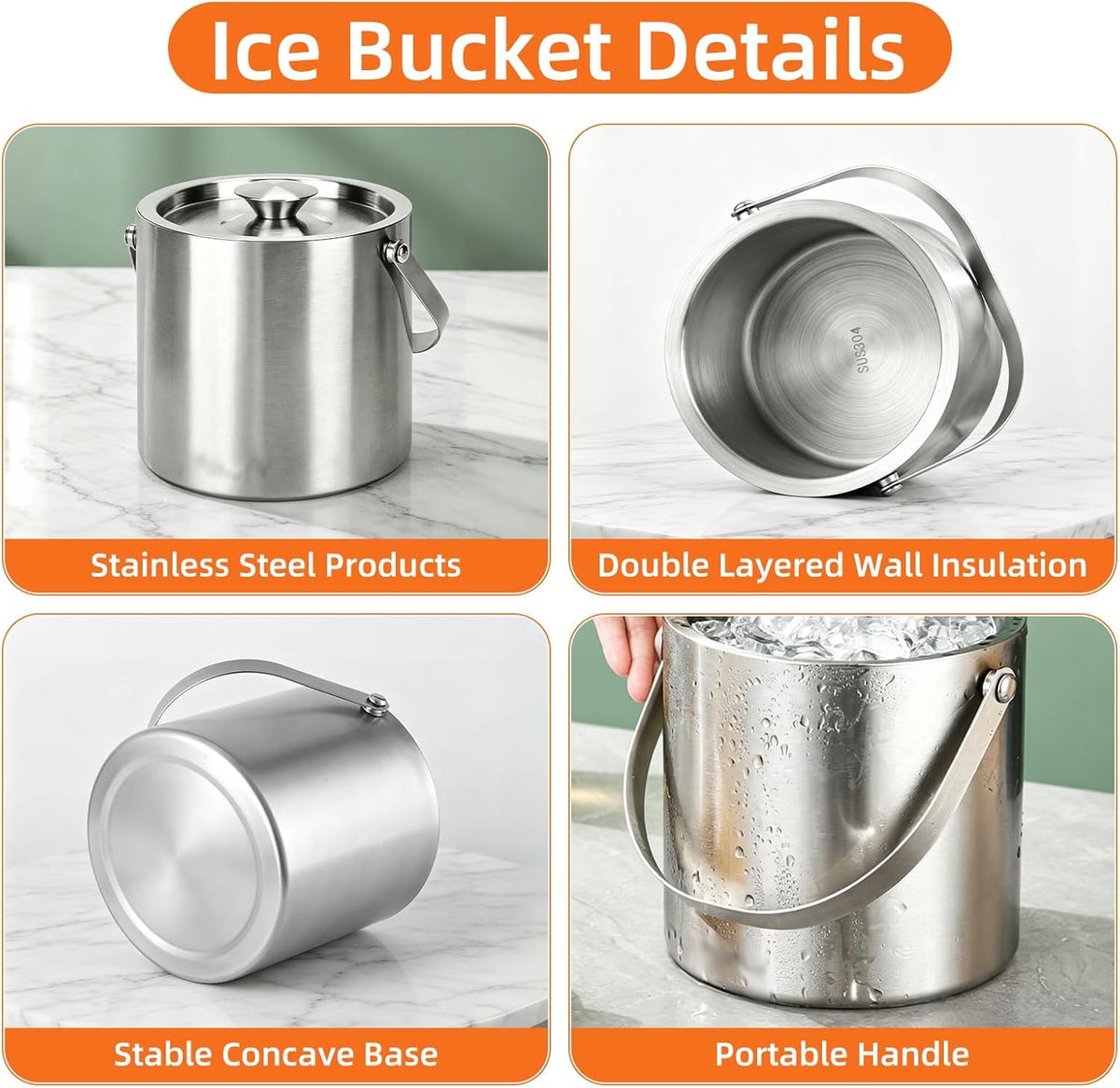 304 Stainless Steel Ice Bucket, 3L, Double Wall Insulated, with Lid, Carrying Handle and Ice Scoop, for Bar, Party, Outdoor
