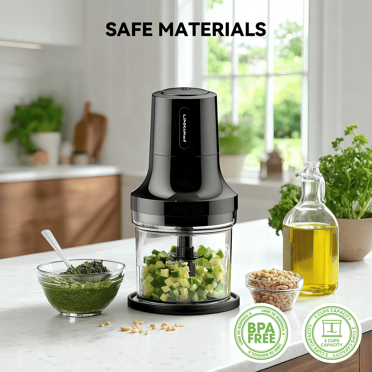LINKChef Food Chopper, 3 Cup Food Processor, 260W Power Grinder with 4 Bi-Level Blades, Grey