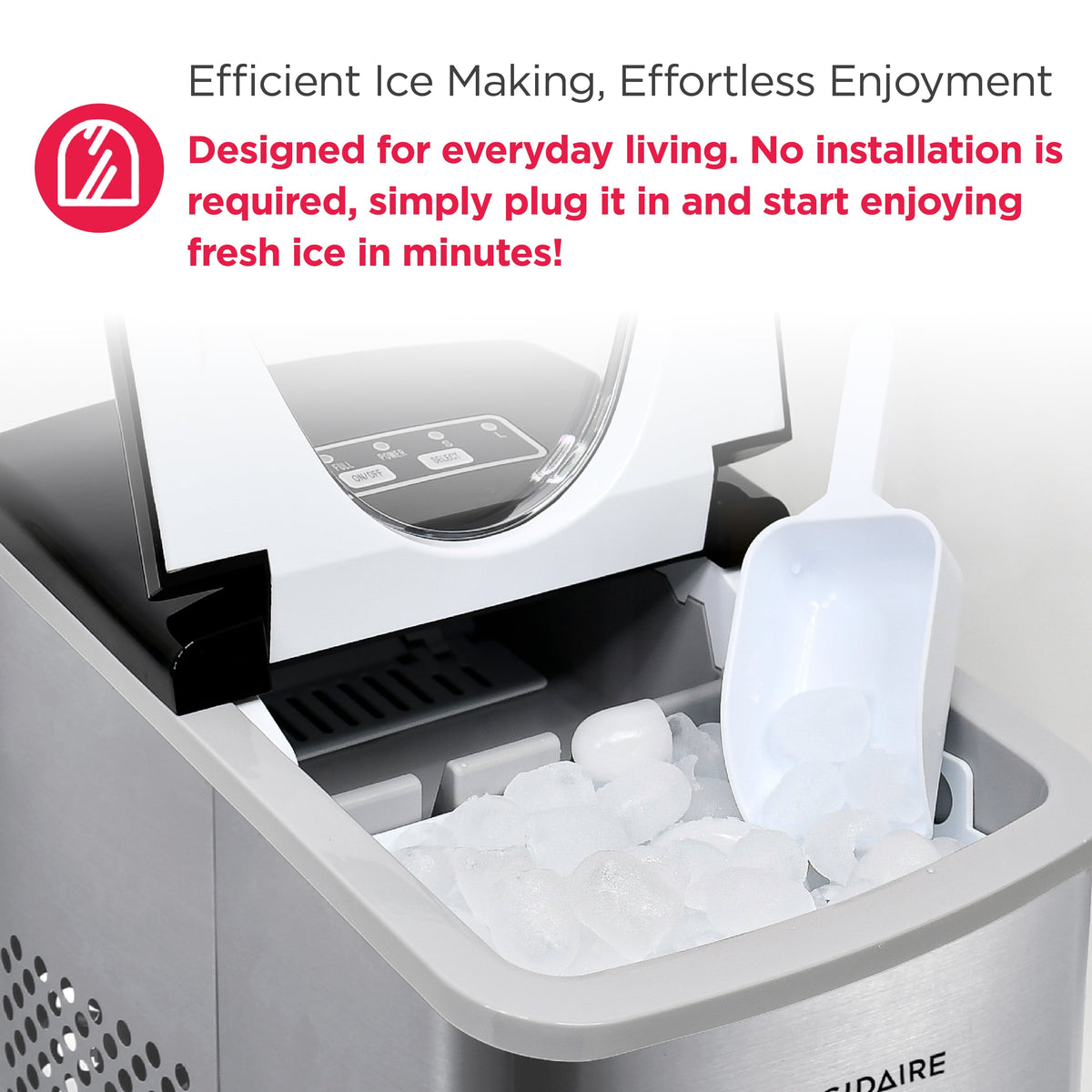 Frigidaire 26 lb. Bullet Ice Maker, Countertop Ice Machine with LED Control Panel, Red Stainless Steel