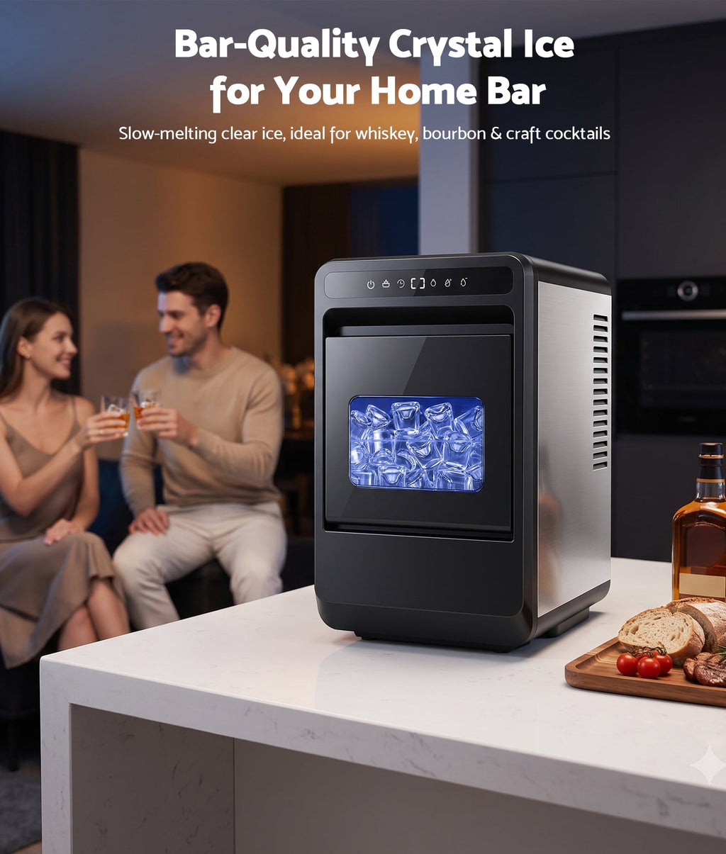 Flamemore Clear Countertop Ice Maker, 8 Crystal Clear 1.2" Large Craft Ice Cubes in 20 Mins, Portable Ice Machine with Self-Cleaning for Home Bar, Whiskey & Cocktails