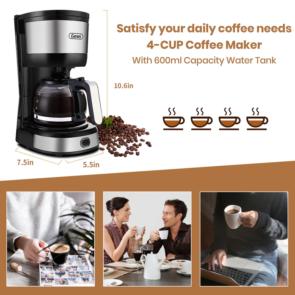 Gevi 4-Cup Compact Drip Coffee Maker with Reusable Filter & Warming Plate, Black