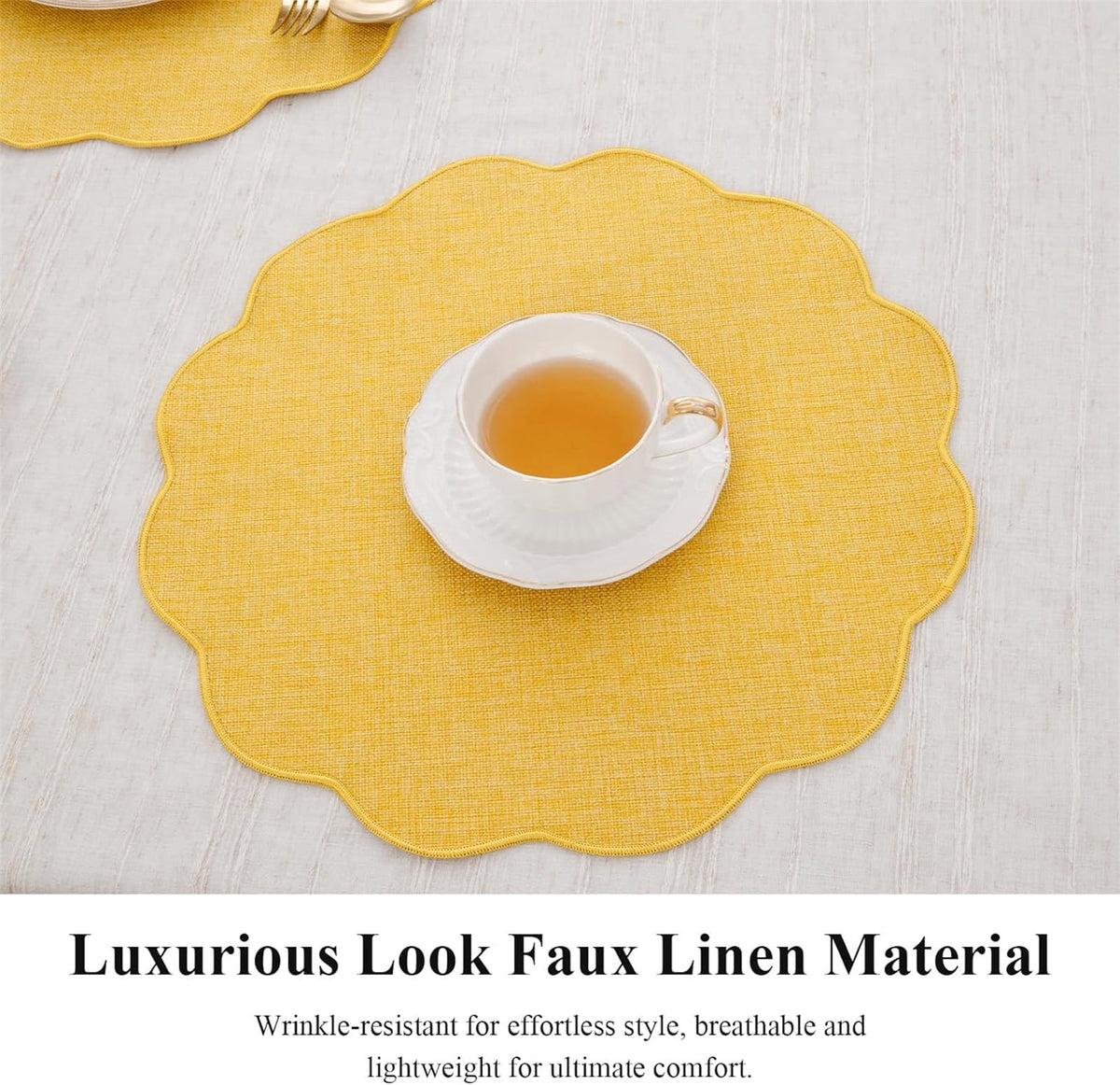 Ileading Scalloped Round Placemats Set of 6 Polyester Linen Blend Washable Non Slip Place Mats Easy Clean Heat Resistant Table Mats for Kitchen Dining Table Decor