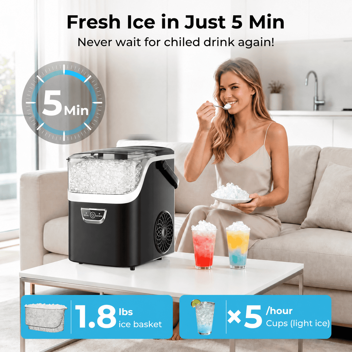 Snowyermine Nugget Ice Maker Countertop with Handle, 35lbs/Day Portable Pebble Ice Machine, Chewable Sonic Ice Ready in 5 Mins, Anti-Fingerprint Matte Self-Cleaning Ice Maker for Home, Kitchen, Party