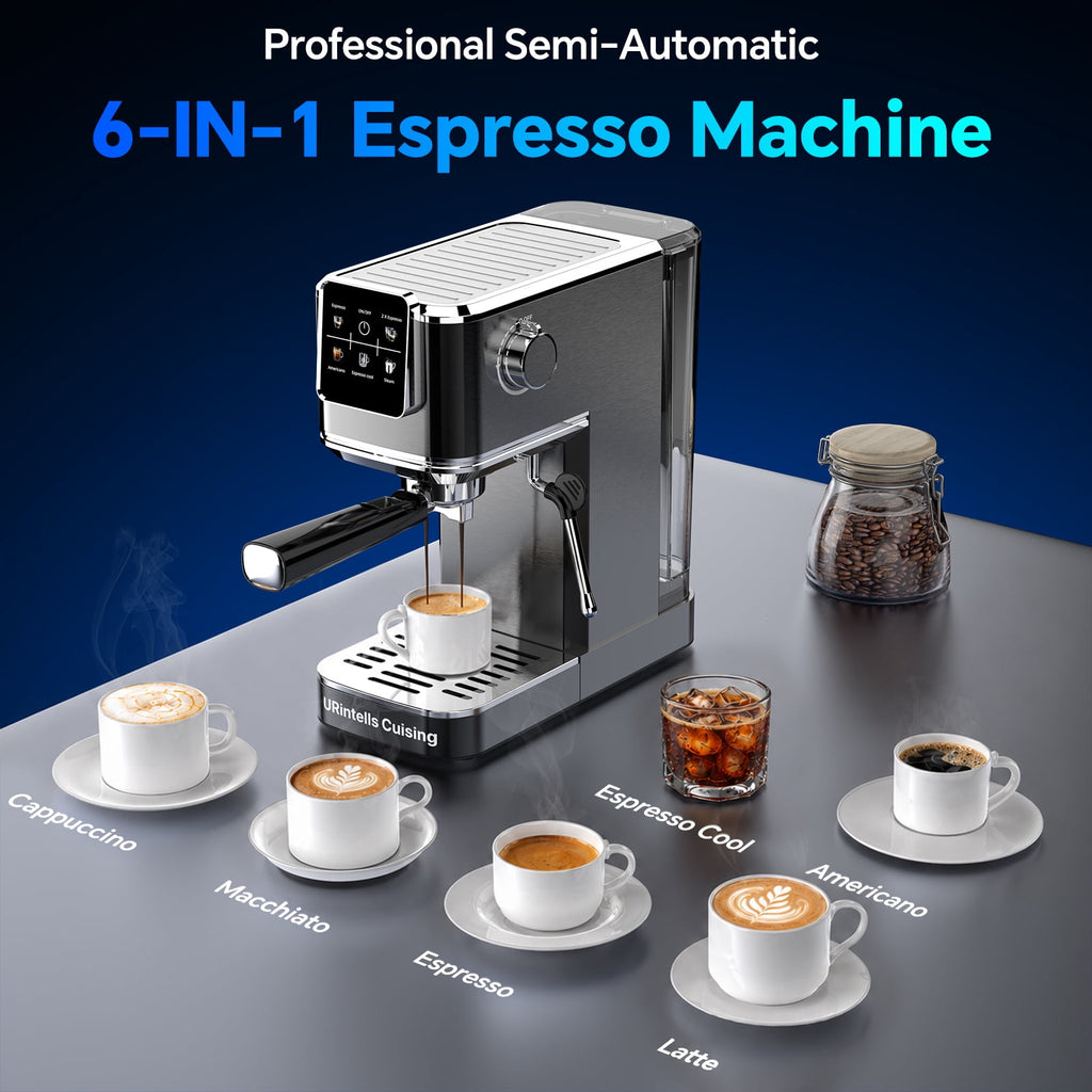 URintells Cuising Espresso Machine, Color Touchscreen, 20 Bar Coffee Maker, Milk Frother, 1350W, Stainless Steel, for Cappuccino Latte, Cold Brew