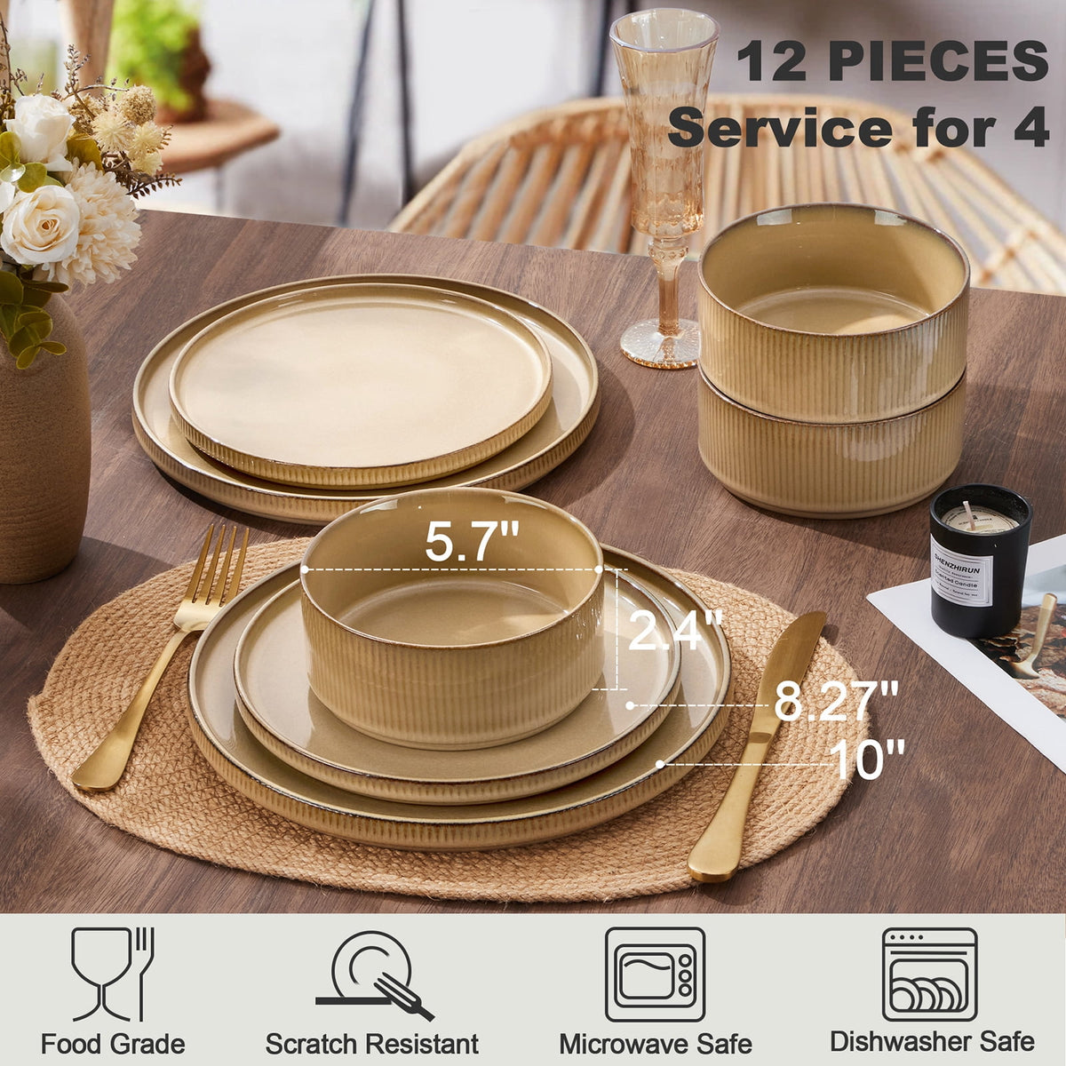 Vesteel 12 Pieces Dinnerware Set for 4, Premium Stoneware Ribbed Dishes, Chip & Scratch Resistant Plates and Bowls Set for Home Restaurant, Microwave and Dishwasher Safe - Speckled White